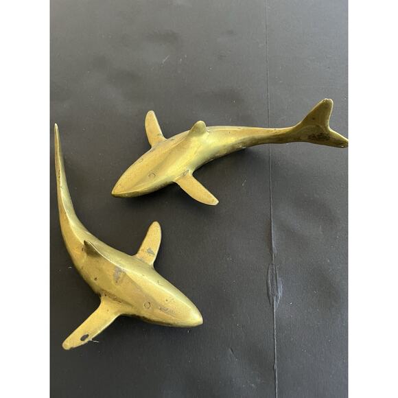 Vtg Mid Century Solid Brass Set 2 Sharks Paperweight Nautical Coastal Approx 8” - Picture 5 of 14